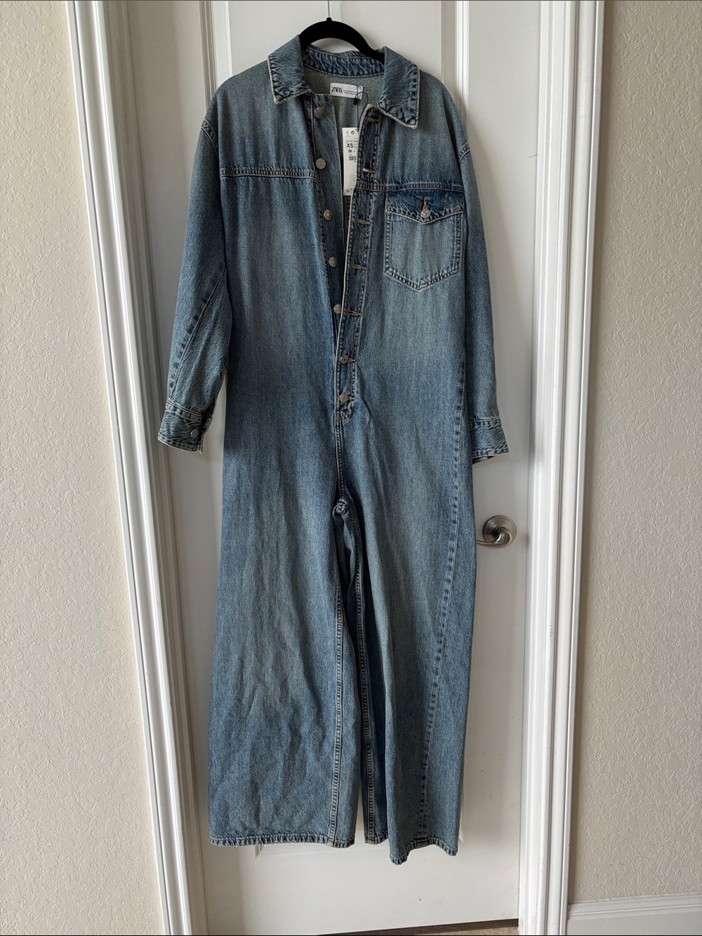 Zara Medium Wash Denim Button-Up Jumpsuit